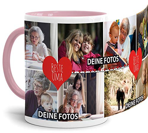 Tassendruck Fototasse mit Spruch - Beste Oma - zum Selbst gestalten mit Foto-Collage für 8 Fotos, Innen & Henkel Rosa, 300 ml