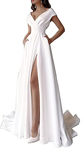 ORANDESIGNE Robe Longue Femme Été sans Manches Col en V Robe Cocktail Mariage Soiree Cérémonie Dos Nu Clubbing Sexy Satin Soiree Moulante Robe Blanche M