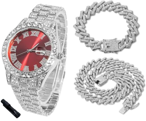 HALUKAKAH Orologio Diamanti Iced Out per Ragazzi Adolescenti – Placcato Platino,Quadrante Rosso 42mm,Lunghezza 20cm,con Catene Cubane 18+40cm e Strumento di Regolazione – Scatola Regalo Dorata