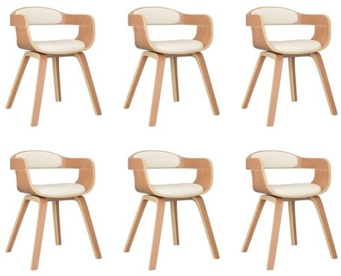 vidaXL Sillas de Comedor 6 uds, Sillas Auxiliares, Muebles de Comedor, Asientos para Cocina Salón Hogar, Cuero Sintético y Madera Curvada Crema