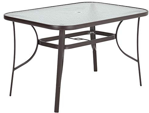DKIEI 120x80cm Rectangle Garden Dining Table Tempered Glass Top Parasol Hole Steel Frame Outdoor Patio Balcony Brown