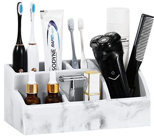 Luxspire Zahnbürstenhalter, 5 Fächer Elektro Zahnbürsten Halter Zahnputzbecher Zahnputz Organizer Zahnbürstenköpfe Große Kapazität Zahnpasta Halterung Make Up Organizer für Familien Shaver, Kies Weiß