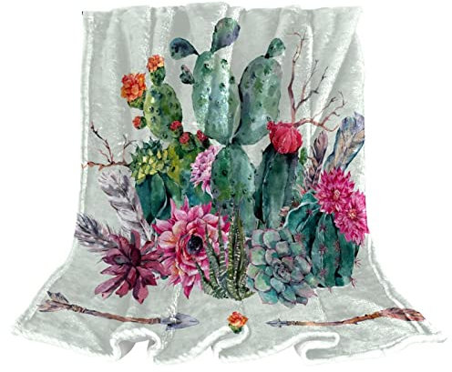 Kaktus-Boho-Stil, Blumenstrauß mit dornigen Pflanzen, Blüten, Pfeile, Federn, Fleece-Überwurf, Decke für Couch, leicht, Plüsch, flauschig