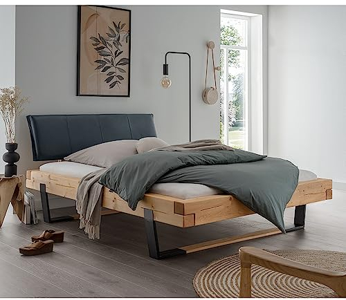 Lomadox Doppelbett Ehebett Bett Echtholz Massivholz, 200x200 cm, Fichte massiv, schwarzes Echtleder-Kopfteil, Schwarze Metallkufen mit Massivholzeinsatz, B/H/T ca. 218/88/228 cm