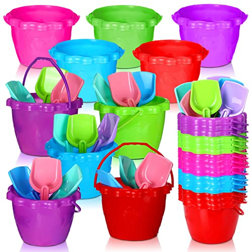 Junkin 24 Sets Beach Sand Buckets and Shovels for Kids Bulk 6.3 Small Beach Pails and Sand Toys for Summer Holiday Party- 24 Bucket+24 Shovels (Funny)