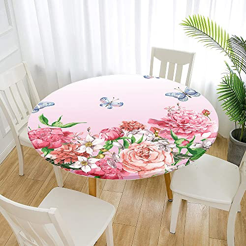 Morbuy Rund Tischdecke Outdoor Elastisch, Nelke Muster Tischdecken Wasserdicht Lotuseffekt Abwaschbar Abwischbar Tischtuch für Küchentisch Garten Draussen (160cm,Rosa Blumen)