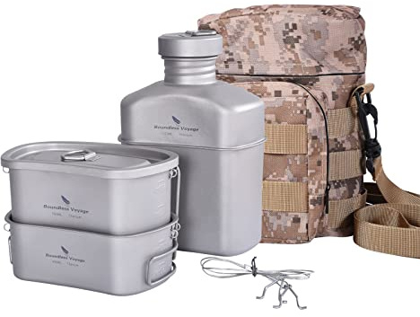 iBasingo Titan Feldflasche Set Leichtestes Militär Kochgeschirr 1100ml Trinkflasche 750ml & 400ml Topf mit Deckel, Aufgehängtes Stahlseil & Tarnbeutel Kochgeschirr für Outdoor Camping Wandern Ti2049C