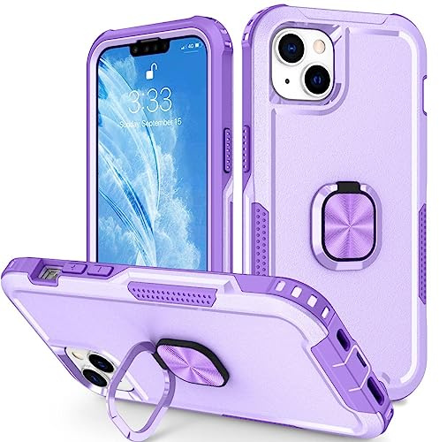 iPhone 14 Case Shockproof iPhone 14 Phone Case with Ring Military Grade Full Protective TPU Bumper Hard PC Back Cover Built-in Magnetic Kickstand Car Mount, Purple