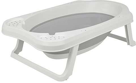 Baby-Badewanne auf Ständer für Neugeborene von 0–24 Monaten, mit zusammenklappbarem Ständer und integrierten rutschfesten Stützgriffen und 2 Eckfächern für Toilettenartikel