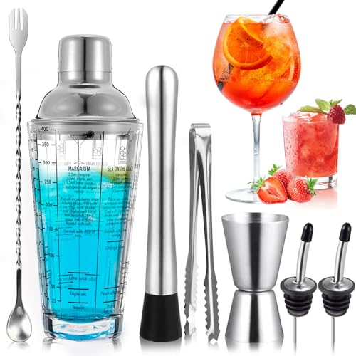 PIWOSGOL 7 Pièces Shaker Cocktail Set, 400ml/14oz Shaker à Cocktail en Verre Acier Inoxydable, Cocktail Set Professionnel avec Accessoires, Bar Kit avec Double Jigger, Verseurs, Cuillère à Mélanger