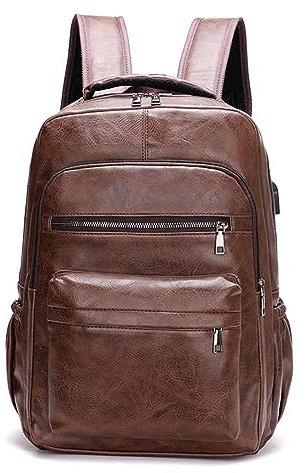 Mochila para ordenador portátil para hombre, piel sintética, mochila escolar con puerto de carga USB, bolsillos informales, bolsa de libros, escuela, mochila de día para negocios, senderismo, viajes,