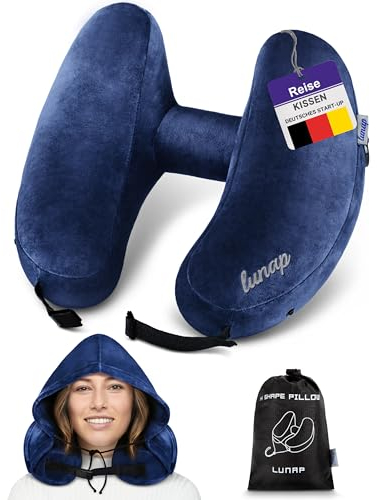 lunap Nackenkissen Flugzeug Aufblasbar mit Kapuze | Reisekissen Aufblasbar in H-Form | Nackenhörnchen Erwachsene Gr. L | Nackenkissen Aufblasbar mit 3 Zügen | Reisekissen Flugzeug Kissen Blau