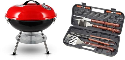 Gas One – 14-inch Portable Barbecue Grill with 3-Point Locking Lid for Heat Preservation – Dual Venting System – Small Charcoal Grill for Backyard, Camping & Cuisinart CGS-W13 Wooden Handle Tool Set