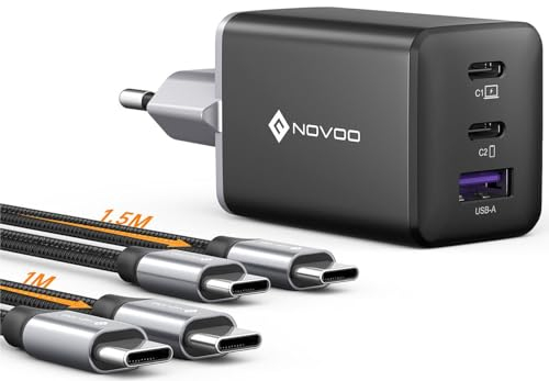 NOVOO 67W USB C Ladegerät 3-Port GaN Ⅲ USB C Netzteil Schnellladegerät mit 1 PD 100W Typ-C-Kabeln Wandladegerät für MacBook Pro 14'',Dell XPS 13,iPad Pro,iPhone 16,Galaxy S24/S23,Note20,Apple Watch