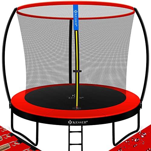 KESSER® Trampolino - 244 cm, Trampolino da Giardino per Bambini fino a 150 kg, Set Completo di Rete di Sicurezza, Scaletta, Copri Bordo e Accessori, Rosso/Nero