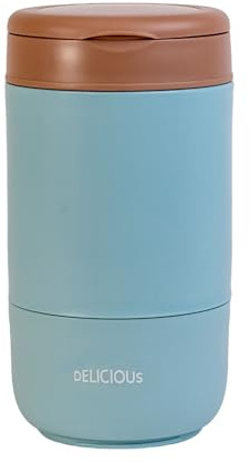 INTIRILIFE Lunch Box Muesli Mug con due scomparti separati con coperchio Cucchiaio ad anello Blu - Capacità 270/370 ml - Contenitore termico Contenitore per zuppe Yogurt Cibo da tenere al caldo