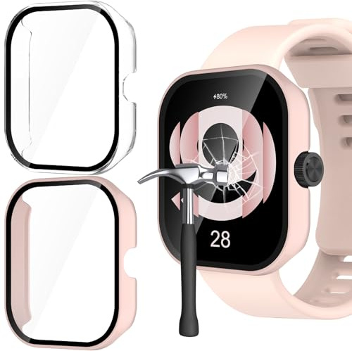 Jvchengxi Funda para Xiaomi Redmi Watch 4 Protector de Pantalla, 2-Piezas Duro PC Carcasa Protectora Antiarañazos Vidrio Templado Protección Completa Estuche Case Redmi Watch 4 (Rosa+Claro)