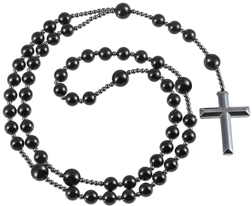 Nupuyai Hämatit Kreuz Anhänger Rosenkranz Kette Gebetskette für Herren | Edelstein Rosenkranz Perlen Kette, Katholisches Kreuz Halskette, Meditation Heilstein & Amulett Schmuck für Damen Herren