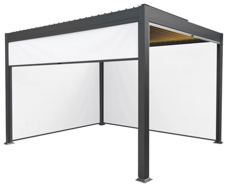 Metal Pergola 3m x 4m Anthracite Grey With 4 Retractable White Mesh Blinds & LED Lights Tilting Canopy Roof Aluminium Outdoor Garden Gazebo Sun Shelter Weather Resistant Tools & Ground Bolts Included