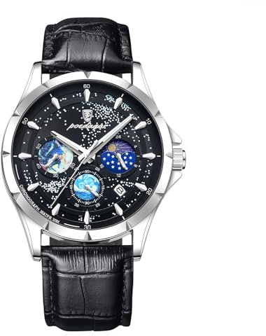 JewelryWe Men Leather Band Watch: Luminous 30M Waterproof Analog Quartz Chronograph Black Blue Wrist Watch Gifts for Father's Day Valentine's Day Christmas