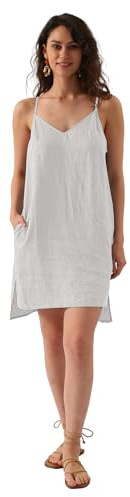 Amazhiyu Leinenkleid Damen Sommer, Sommerkleid Knielang Strandkleid, Ärmellos Trägerkleid V-Ausschnitt Midikleid, Freizeit Spaghettiträger Kleider Kurz mit Taschen, Weiß, M