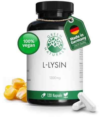L-Lysin - Hochdosiert: 1200 mg - 120 Kapseln (2 Monate Vorrat) - Fermentiert aus Mais - 100% natürlich, rein und vegan - Apothekenqualität - Laborgeprüft in Deutschland - Green Naturals®