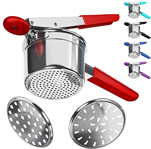 Potato Ricer Stainless Steel with 3 Interchangeable Fineness Discs, Ricer Kitchen Tool for Mashed Potatoes, Cauliflower Rice Maker Masher, Gnocchi Potatoe Spaetzle Press Patoto Masher (Red)(Red)
