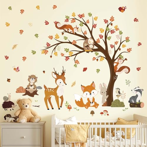 decalmile Wandsticker Waldtiere Baum Hirsche Wandtattoo Hase Eulen | Abziehbare und Aufklebbare Wandaufkleber, DIY Abnehmbare Wandkunst Abziehbilder, Wandfreundlich, Leuchtenden Farben