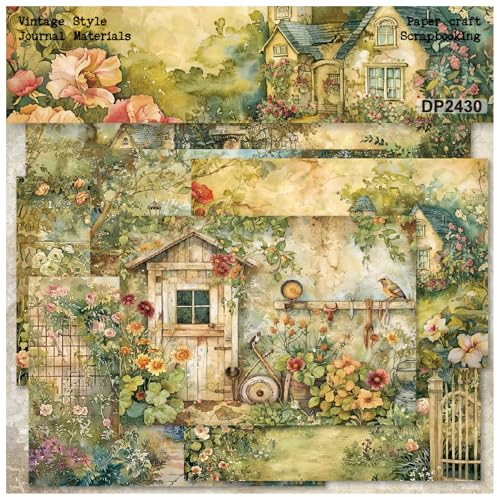 ZAKHSE Motivpapier Designpapier, 24 Blätter Ländlicher Hof Motive Design Papier Einseitig Bedruckt Scrapbook Papier, 21×14,5cm Bastelpapier DIY Kartengestaltung Scrapbook Zubehör-8 Muster-Grün