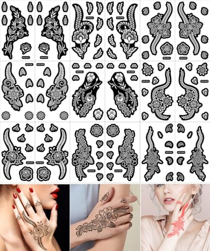 XMASIR 18 blad (9 par) henna tatuering stencil kit för hand, glitter tillfällig tatuering henna mallar återanvändbara för kvinnor flickor (18 st)