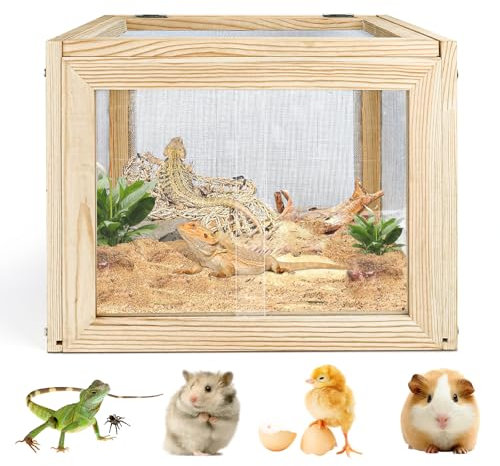 Reptilien-Terrarium, Reptiliengehege, Eidechse, Leoparden-Gecko-Tank mit zu öffnender Metallgitter-Dachtür, Kleintier-Futterbox aus Holz für Bartagamen, Chamäleons, Hamster (40 x 30 x 30 cm)