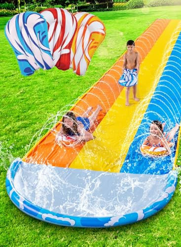 Sloosh 22,5ft x 84in/685.8*213.3cm Wellen Dreifach-Garten-Wasserrutsche, strapazierfähige Wasserrutsche mit 3 Bodyboards und Sprinkler für Kinder und Erwachsene, Sommer-Wasserspielzeug für den Garten