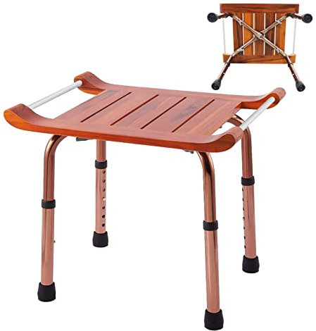 Sgabello da doccia in teak con manici regolabile in altezza, sedile per vasca da bagno per anziani, piedini antiscivolo