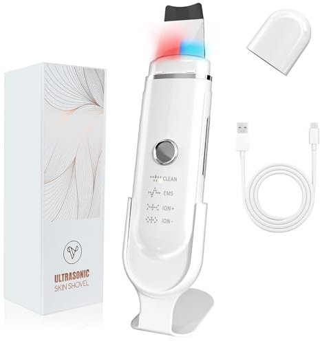 Yeerain Pulizia Viso Ultrasuoni, Skin Scrubber con 4 Modalità e Luce Rossa e Blu, Spatola Professionale Punti Neri Rimozione Pulizia Profonda la Viso Peeling e Cura