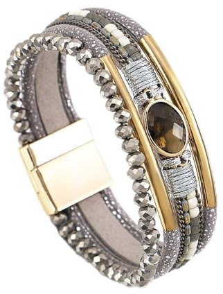 LSZBYHOK Edelstein Armband Damen, Handgefertigtes Mehrlagiges Boho- Armband, Modische Wickelarmbänder Aus Leder Mit Perlen Und Kristallanhängern, Für Damen Und Herren, Tiefgrau