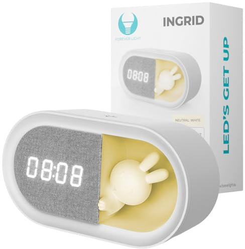 Forever Sveglia con coniglietto luminoso a LED PURE FNL-05 INGRID - Sveglia, lampada da comodino per la camera dei bambini, decorazione, orologio digitale, orologio wireless, USB-C, da letto, motivo