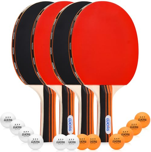 LUOXG Ping Pong Paddles Set of 4, Ping Pong Paddles and Balls, Table Tennis Rackets Set Suitable for Indoor and Outdoor Games, Family Games