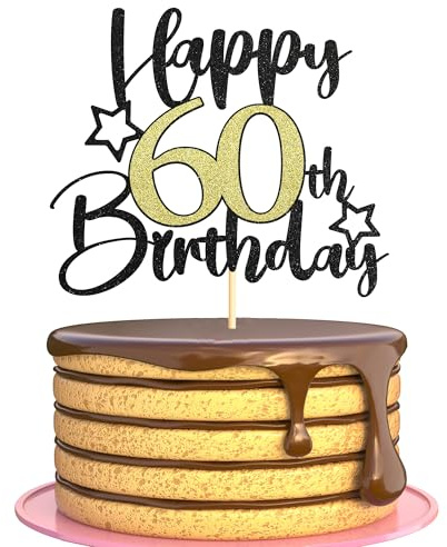 Sotpot 1PC Happy 60th Birthday Cake Topper with Star Pattern Black Gold Glitter Cake Pick Cake Decoration for 60th Birthday Theme Party Cake Decorations Supplies