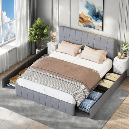 PerGar Cama tapizada de 160 x 200 cm con Cabecero, Camas Matrimoniales Cama con 4 Cajones de Almacenamiento y Cabecero Tapizado, Cama de Matrimonio, Camas Juveniles, Terciopelo, Gris, Sin Colchón