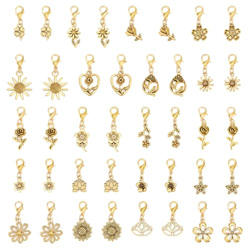 PH PandaHall 40 colgantes de clip de flores, 20 estilos de flores, colgantes de metal con cierre de langosta para hacer joyas, collares, pulseras, aretes, bolsos, manualidades