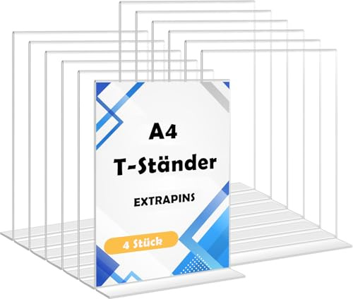 EXTRAPINS 4 Stück Tischaufsteller A4, 29.7 x21cm Acryl T-Ständer für Prospekte,A4 Werbeaufsteller,Preisschilder Aufsteller Doppelseitig, Acryl Aufsteller für Büro,Restaurants,Cafés,Prospekte Werbung