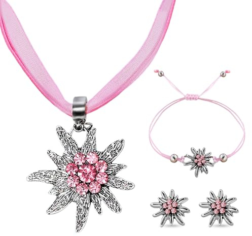 3 Stück Trachtenschmuck Set, Trachtenschmuck Damen Set, Bayerisch Dirndlschmuck Trachtenkette mit Strass Edelweiß Anhänger, Edelweiß Halskette, Edelweiß Armband, für Oktoberfest Damen Outfit