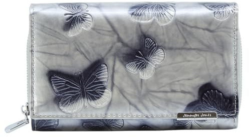 Jennifer Jones - Damen Leder Geldbörse Großer Geldbeutel viele Fächer | Portemonnaie mit RFID-Schutz Schmetterlings-Motiv - Silber