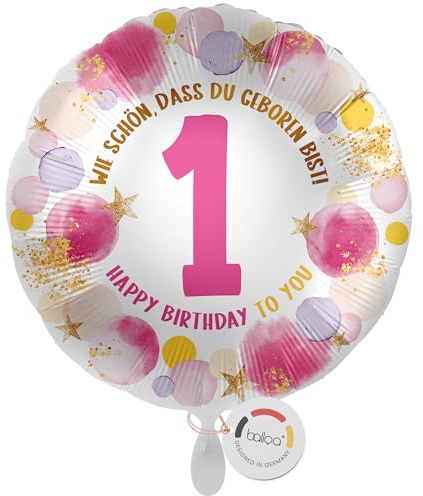 balloa Folienballon 1 Happy Birthday, runder Helium Ballon zum 1. Geburtstag für Mädchen, Geburtstagsdeko in Rosa und Gold mit Zahl 1, befüllbar mit Luft oder Helium, Party Ballon, 33cm