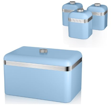 Swan Retro Blue Bread Bin and Tea, Coffee, Sugar Canisters. Matching Retro Design Kitchen Storage Set in Blue