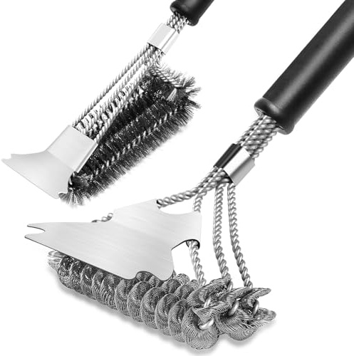 BBQ Grill Cleaning Brush with Scraper 2 Pcs,BBQ Cleaner Cleaning Brush with Stainless Steel Scraper,Bristles and Extra long Handle,BBQ Wire Brush for Charcoal Grill (2)