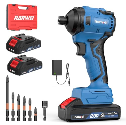 NANWEI 20V Brushless Impact Driver,2100 In-lbs (240N·m) Max Torque, 1/4 Hex Shank, 2 x 2.0Ah Batteries, and Bit Set – Ideal for Heavy Duty Home Improvement and DIY Projects(With Battery）