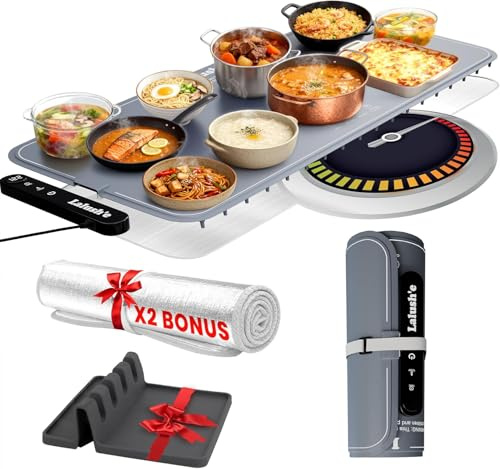 Lalush'e Electric Food Warming Mat, XXL 36x15 - Portable Food Warmer for Parties, Hosting & Buffet Serving Foldable Graphene Heating Tray with 7 Temp Settings, Spoon Rest and Travel Isolation Pad
