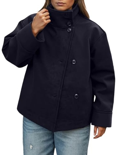 Generisch Manteau court pour femme - Grande taille - Mélange de laine - Mode d'hiver - Veste décontractée - Vêtement d'extérieur chaud élégant et confortable, Noir , S