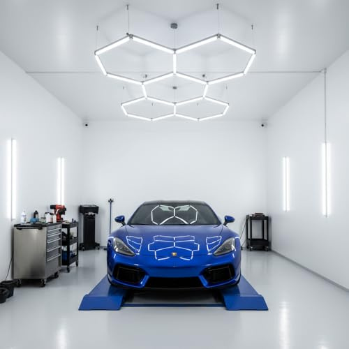 LUXULA Hexagon LED Wabenleuchte 5-fach 192W 6500K Kaltweiß mit Clips | LED Garagenlampe, Werkstattlampe für Showroom, Barber, Friseur und Salon, inkl. Befestigungsclips, 240x166x3,5cm